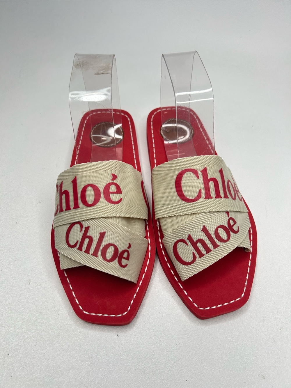 CHLOE Women's Red/Beige Woody Logo Slide Sandals, Size 38
